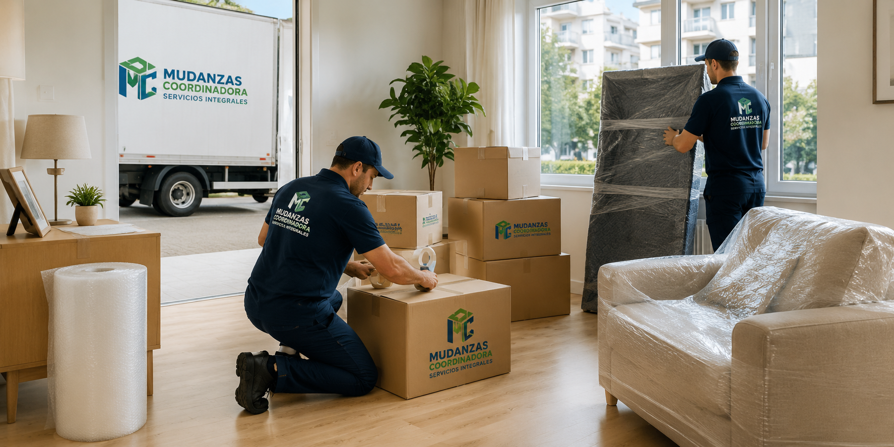 Mudanza residencial con cajas embaladas en un hogar