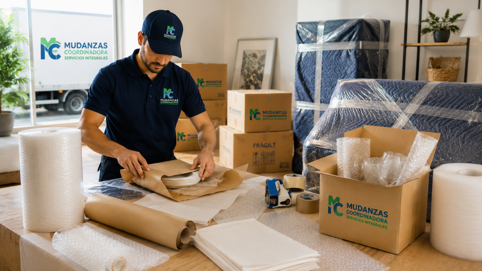 Cajas y muebles embalados con material de protección
